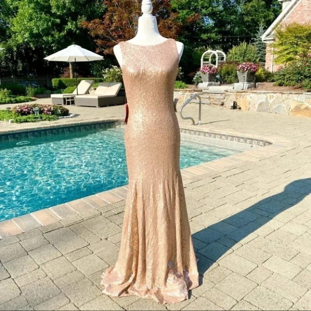 NWT Theia Gemma Sequin High-Neck Formal Max Dress Rose Gold 0 - Picture 3 of 10
